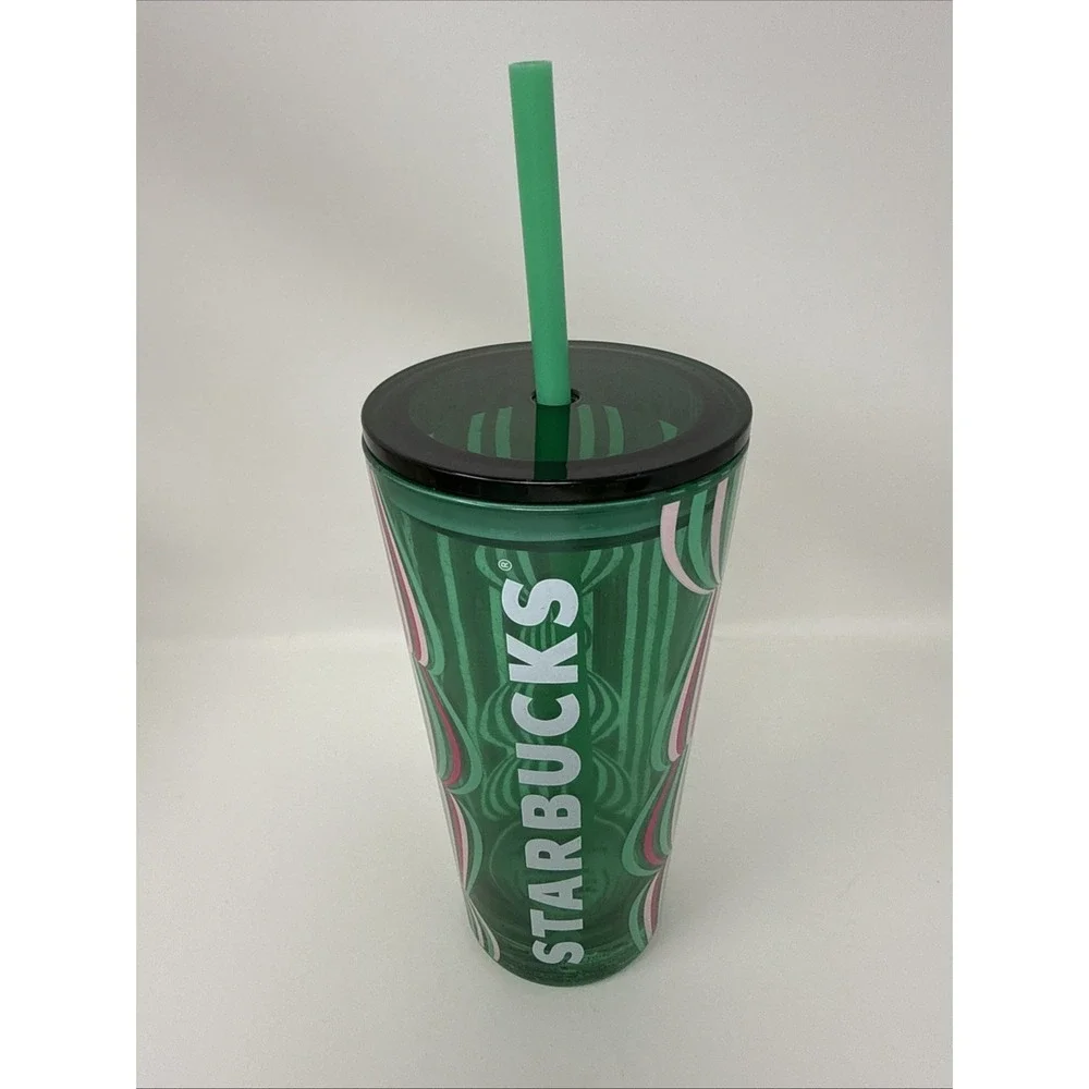Starbucks 2024 Holiday Pink/Green Design 18oz Glass Tumbler Cold Cup New W/Straw